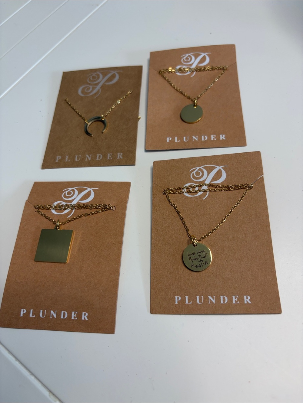Plunder Gold-Tone Pendant Necklace Set - Round, Square, Crescent, Engraved Disc